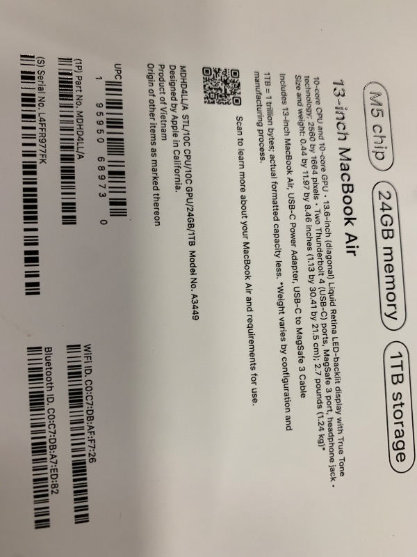 Photo 1 of Apple 2026 MacBook Air 13-inch Laptop with M5 chip: Built for AI, 13.6-inch Liquid Retina Display, 24GB Unified Memory, 1TB SSD, 12MP Center Stage Camera, Touch ID, Wi-Fi 7; Starlight
