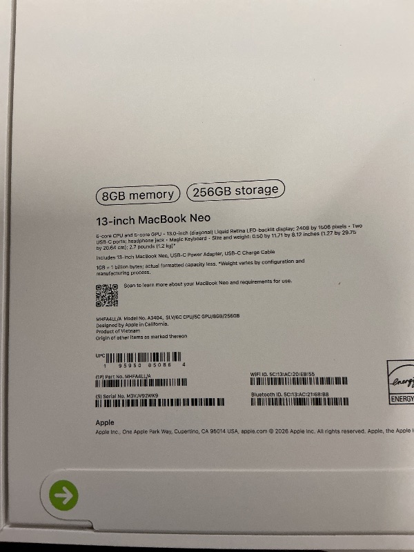 Photo 1 of Apple 2026 MacBook Neo 13-inch Laptop with A18 Pro chip: Built for AI and Apple Intelligence, Liquid Retina Display, 8GB Unified Memory, 256GB SSD Storage, 1080p FaceTime HD Camera; Silver