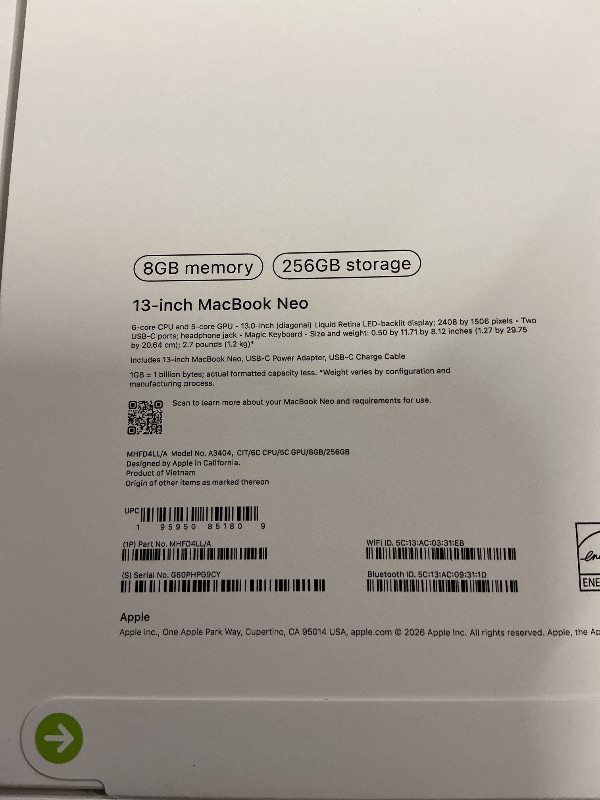 Photo 1 of FACTORY SEALED— Apple 2026 MacBook Neo 13-inch Laptop with A18 Pro chip: Built for AI and Apple Intelligence, Liquid Retina Display, 8GB Unified Memory, 256GB SSD Storage, 1080p FaceTime HD Camera; Citrus