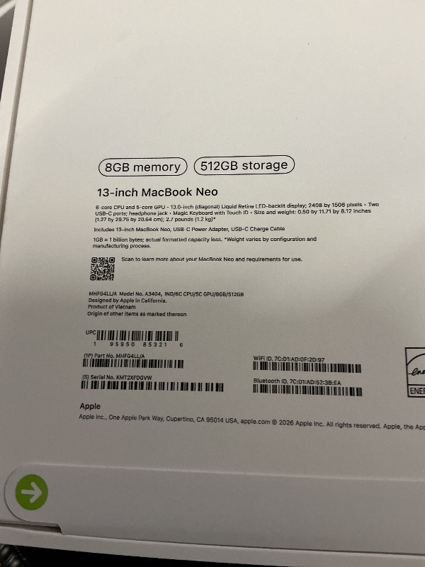 Photo 1 of FACTORY SEALED— Apple 2026 MacBook Neo 13-inch Laptop with A18 Pro chip: Built for AI and Apple Intelligence, Liquid Retina Display, 8GB Unified Memory, 512GB SSD Storage, 1080p FaceTime HD Camera, Touch ID; Indigo