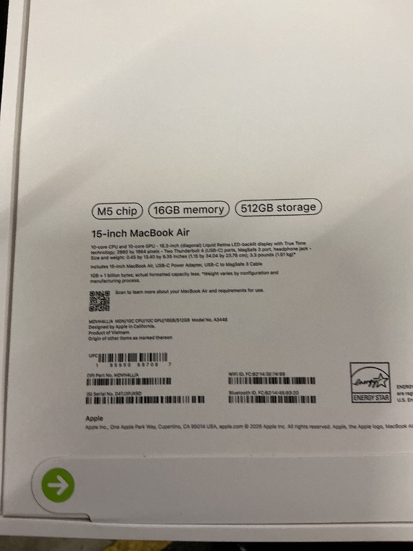 Photo 1 of FACTORY SEALED— Apple 2026 MacBook Air 15-inch Laptop with M5 chip: Built for AI, 15.3-inch Liquid Retina Display, 16GB Unified Memory, 512GB SSD, 12MP Center Stage Camera, Touch ID, Wi-Fi 7; Midnight
