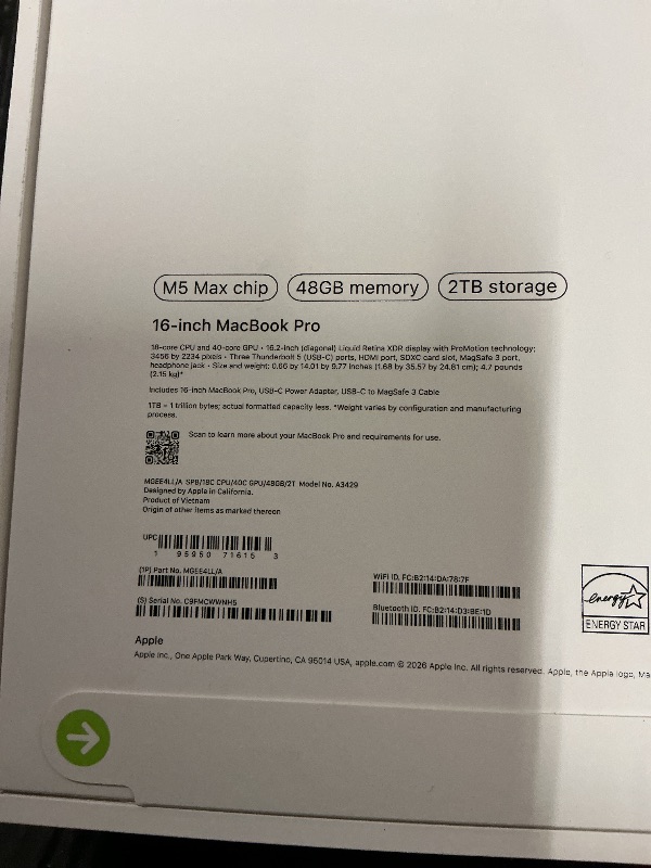 Photo 1 of FACTORY SEALED— Apple 2026 MacBook Pro Laptop with Apple M5 Max chip with 18-core CPU and 40-core GPU: Built for AI, 16.2-inch Liquid Retina XDR Display, 48GB Unified Memory, 2TB SSD, Wi-Fi 7; Space Black