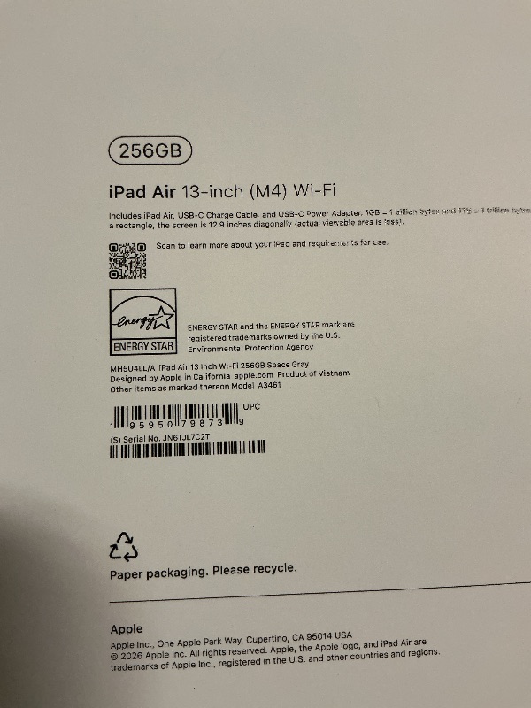 Photo 1 of Apple iPad Air 13-inch (M4): Liquid Retina Display, 256GB, 12MP Front/Back Camera, Wi-Fi 7 with Apple N1, Touch ID, All-Day Battery Life — Space Gray