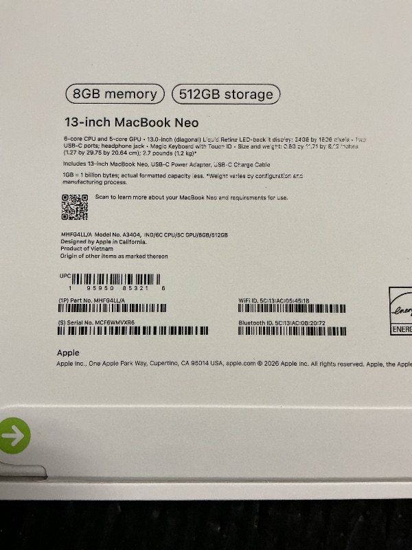 Photo 1 of Apple 2026 MacBook Neo 13-inch Laptop with A18 Pro chip: Built for AI and Apple Intelligence, Liquid Retina Display, 8GB Unified Memory, 512GB SSD Storage, 1080p FaceTime HD Camera, Touch ID; Indigo