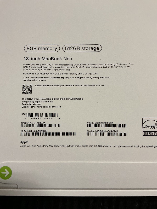 Photo 1 of Apple 2026 MacBook Neo 13-inch Laptop with A18 Pro chip: Built for AI and Apple Intelligence, Liquid Retina Display, 8GB Unified Memory, 512GB SSD Storage, 1080p FaceTime HD Camera, Touch ID; Indigo