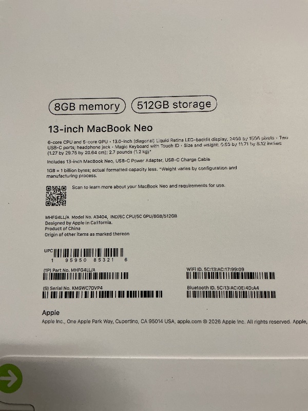 Photo 1 of Apple 2026 MacBook Neo 13-inch Laptop with A18 Pro chip: Built for AI and Apple Intelligence, Liquid Retina Display, 8GB Unified Memory, 512GB SSD Storage, 1080p FaceTime HD Camera, Touch ID; Indigo