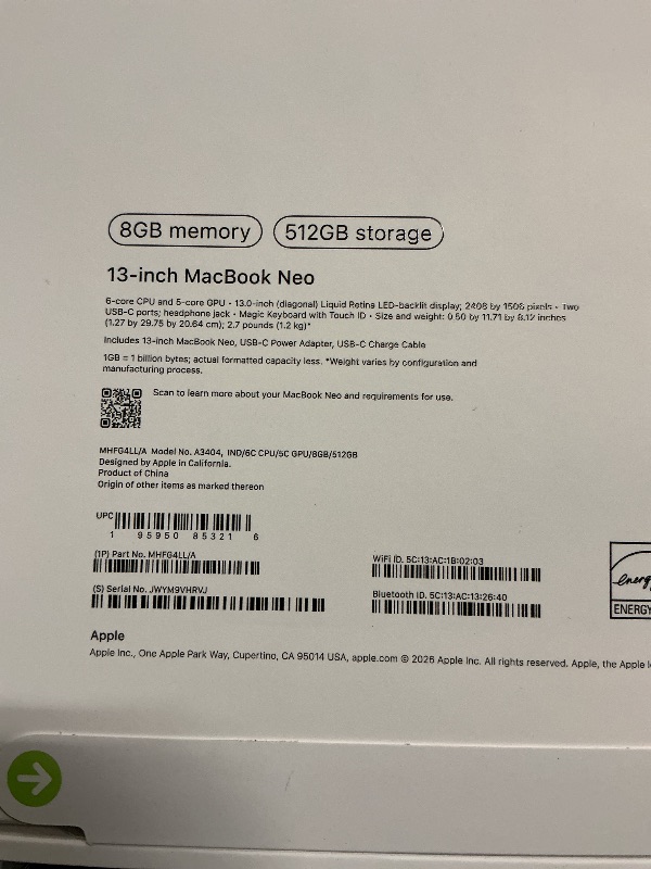 Photo 1 of Apple 2026 MacBook Neo 13-inch Laptop with A18 Pro chip: Built for AI and Apple Intelligence, Liquid Retina Display, 8GB Unified Memory, 512GB SSD Storage, 1080p FaceTime HD Camera, Touch ID; Indigo