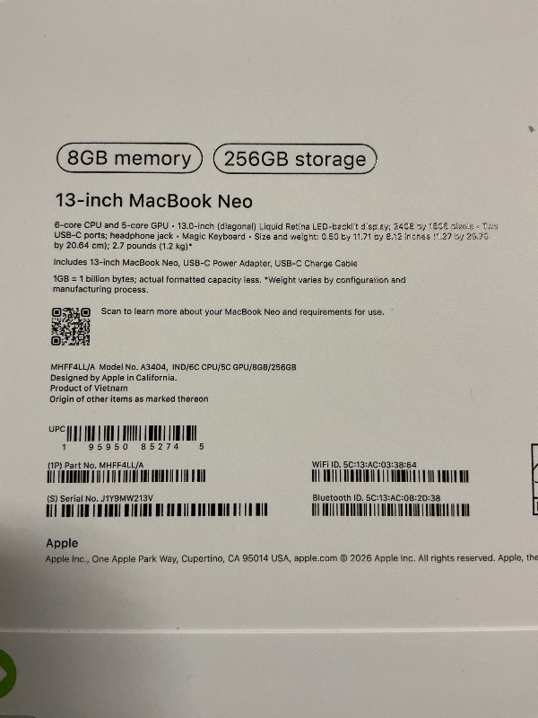 Photo 1 of Apple 2026 MacBook Neo 13-inch Laptop with A18 Pro chip: Built for AI and Apple Intelligence, Liquid Retina Display, 8GB Unified Memory, 256GB SSD Storage, 1080p FaceTime HD Camera; Indigo