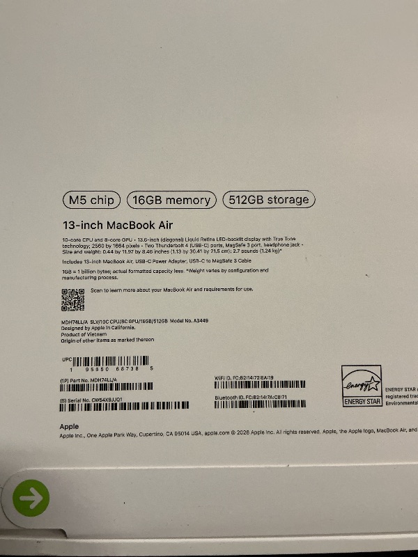 Photo 1 of Apple 2026 MacBook Air 13-inch Laptop with M5 chip: Built for AI, 13.6-inch Liquid Retina Display, 16GB Unified Memory, 512GB SSD, 12MP Center Stage Camera, Touch ID, Wi-Fi 7; Silver