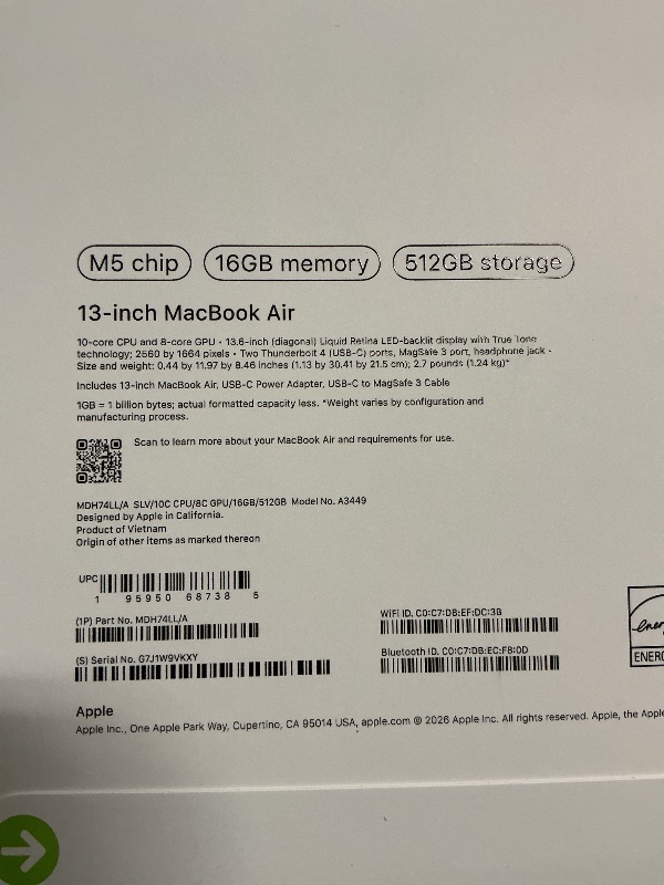Photo 1 of Apple 2026 MacBook Air 13-inch Laptop with M5 chip: Built for AI, 13.6-inch Liquid Retina Display, 16GB Unified Memory, 512GB SSD, 12MP Center Stage Camera, Touch ID, Wi-Fi 7; Silver