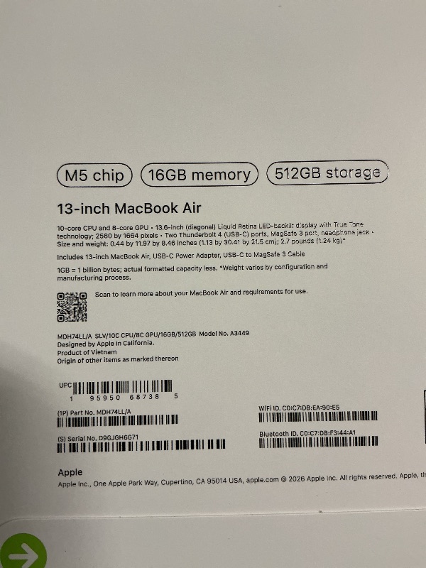 Photo 1 of Apple 2026 MacBook Air 13-inch Laptop with M5 chip: Built for AI, 13.6-inch Liquid Retina Display, 16GB Unified Memory, 512GB SSD, 12MP Center Stage Camera, Touch ID, Wi-Fi 7; Silver
