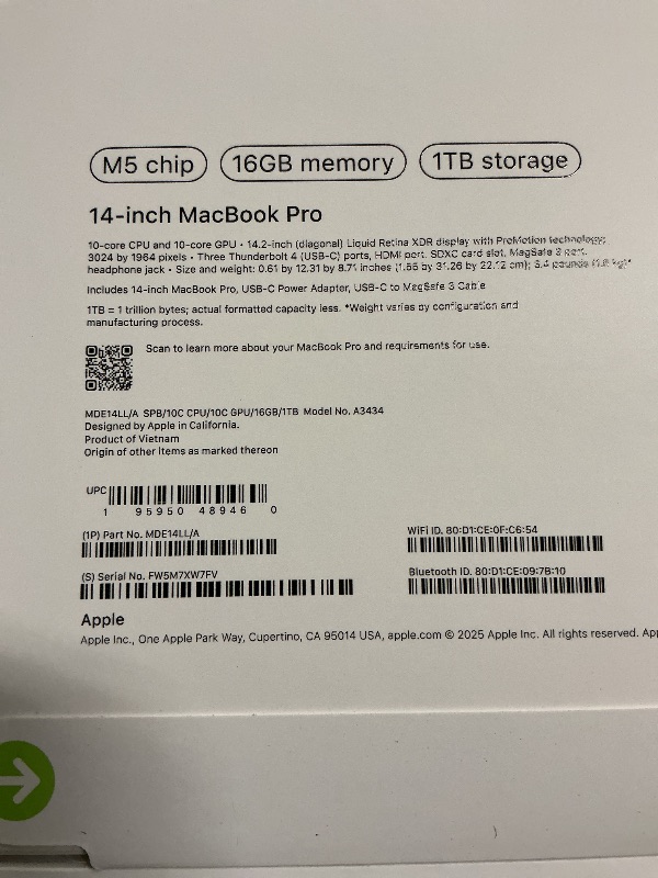 Photo 1 of Apple 2025 MacBook Pro Laptop with Apple M5 chip with 10?core CPU and 10?core GPU: Built for AI, 14.2-inch Liquid Retina XDR Display, 16GB Unified Memory, 1TB SSD Storage; Space Black