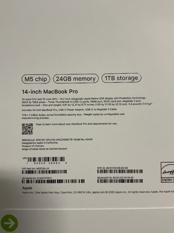 Photo 1 of Apple 2025 MacBook Pro Laptop with Apple M5 chip with 10?core CPU and 10?core GPU: Built for AI, 14.2-inch Liquid Retina XDR Display, 24GB Unified Memory, 1TB SSD Storage; Space Black