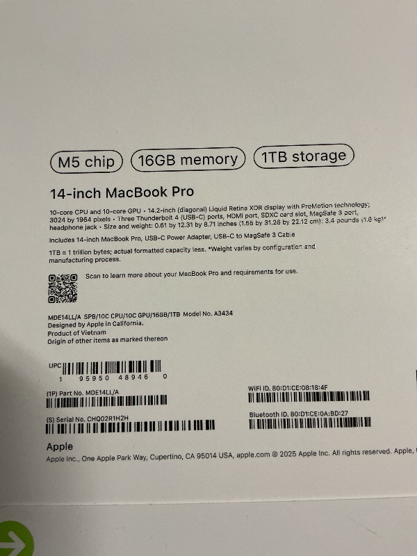 Photo 1 of Apple 2025 MacBook Pro Laptop with Apple M5 chip with 10?core CPU and 10?core GPU: Built for AI, 14.2-inch Liquid Retina XDR Display, 16GB Unified Memory, 1TB SSD Storage; Space Black