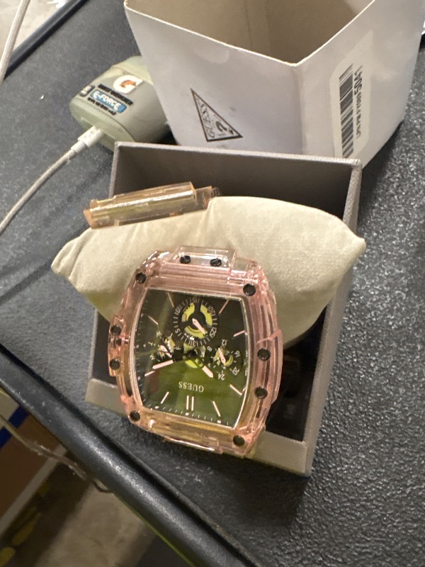 Photo 1 of Guess Men's 43mm Watch - Pink Strap Black Dial Pink Case