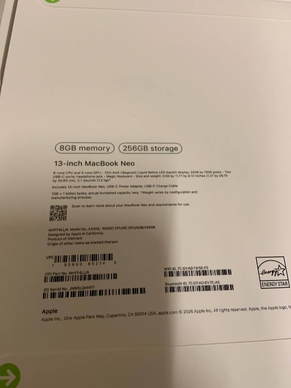 Photo 1 of Apple 2026 MacBook Neo 13-inch Laptop with A18 Pro chip: Built for AI and Apple Intelligence, Liquid Retina Display, 8GB Unified Memory, 256GB SSD Storage, 1080p FaceTime HD Camera; Indigo