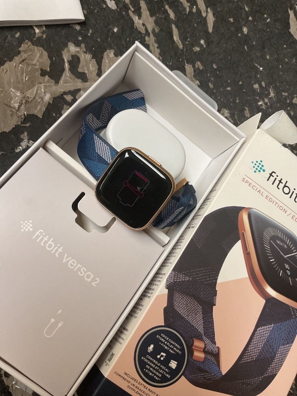 Photo 1 of Fitbit Versa 2 Special Edition Health and Fitness Smart Watch with Heart Rate, Music, Alexa Built-In, Sleep and Swim Tracking, Navy and Pink Woven/Copper Rose, One Size (S and L Bands Included), 2.3