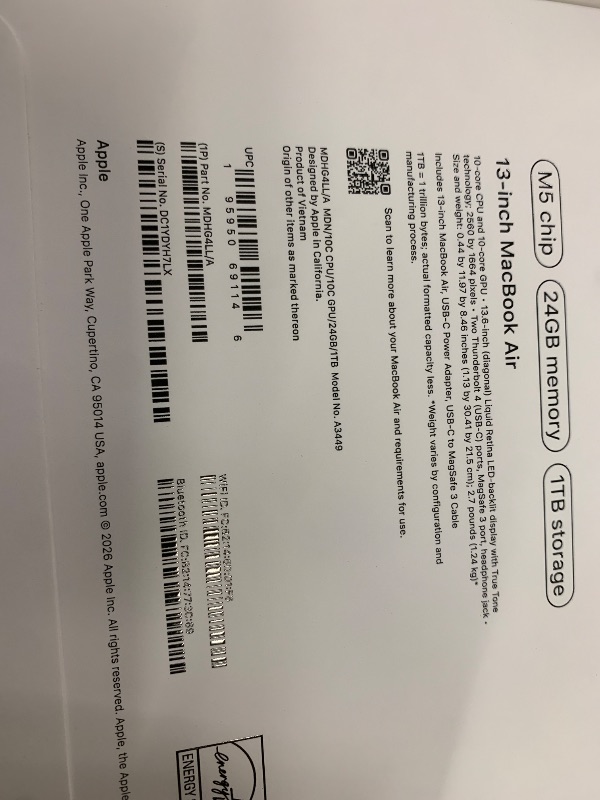 Photo 1 of Apple 2026 MacBook Air 13-inch Laptop with M5 chip: Built for AI, 13.6-inch Liquid Retina Display, 24GB Unified Memory, 1TB SSD, 12MP Center Stage Camera, Touch ID, Wi-Fi 7; Midnight