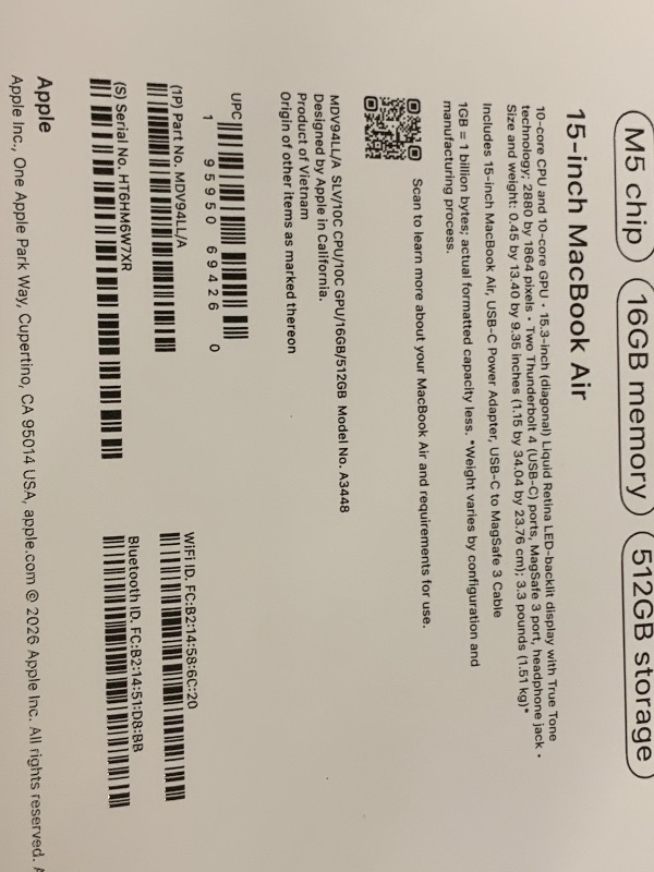 Photo 1 of Apple 2026 MacBook Air 15-inch Laptop with M5 chip: Built for AI, 15.3-inch Liquid Retina Display, 16GB Unified Memory, 512GB SSD, 12MP Center Stage Camera, Touch ID, Wi-Fi 7; Silver