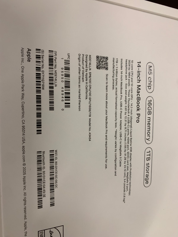 Photo 1 of Apple 2025 MacBook Pro Laptop with Apple M5 chip with 10?core CPU and 10?core GPU: Built for AI, 14.2-inch Liquid Retina XDR Display, 16GB Unified Memory, 1TB SSD Storage; Space Black
