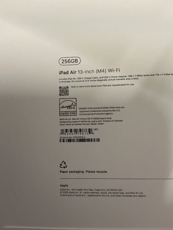 Photo 1 of FACTORY SEALED—Apple iPad Air 13-inch (M4): Liquid Retina Display, 256GB, 12MP Front/Back Camera, Wi-Fi 7 with Apple N1, Touch ID, All-Day Battery Life — Space Gray