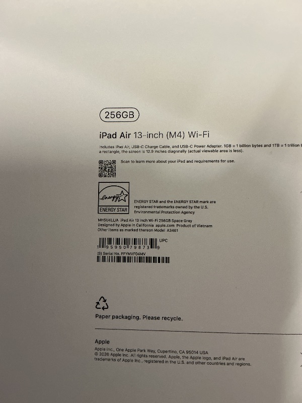 Photo 1 of FACTORY SEALED—Apple iPad Air 13-inch (M4): Liquid Retina Display, 256GB, 12MP Front/Back Camera, Wi-Fi 7 with Apple N1, Touch ID, All-Day Battery Life — Space Gray