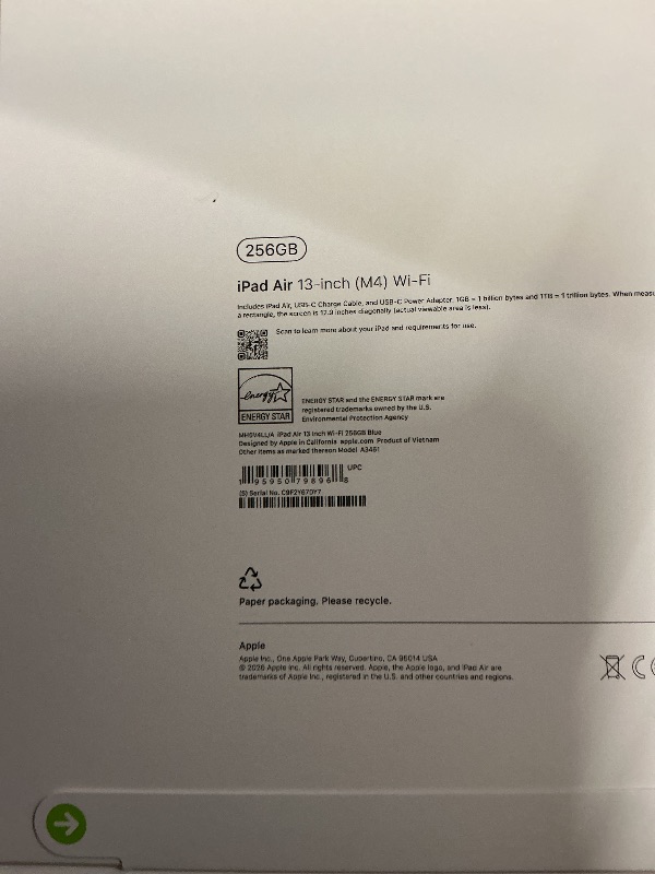 Photo 1 of FACTORY SEALED—Apple iPad Air 13-inch (M4): Liquid Retina Display, 256GB, 12MP Front/Back Camera, Wi-Fi 7 with Apple N1, Touch ID, All-Day Battery Life — Blue