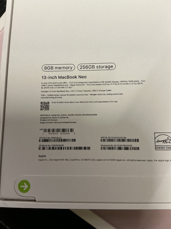 Photo 1 of FACTORY SEALED—Apple 2026 MacBook Neo 13-inch Laptop with A18 Pro chip: Built for AI and Apple Intelligence, Liquid Retina Display, 8GB Unified Memory, 256GB SSD Storage, 1080p FaceTime HD Camera; Silver