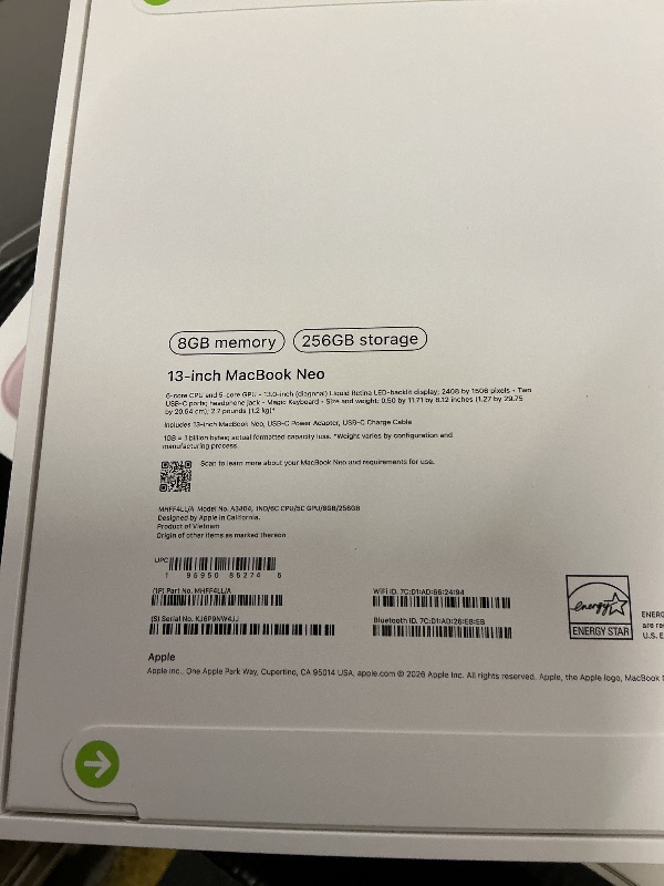 Photo 1 of FACTORY SEALED—Apple 2026 MacBook Neo 13-inch Laptop with A18 Pro chip: Built for AI and Apple Intelligence, Liquid Retina Display, 8GB Unified Memory, 256GB SSD Storage, 1080p FaceTime HD Camera; Indigo