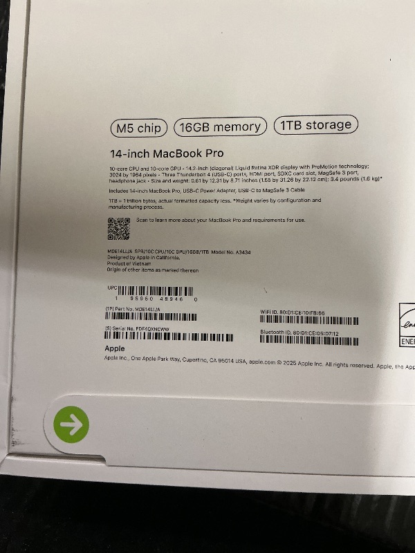 Photo 1 of FACTORY SEALED—Apple 2025 MacBook Pro Laptop with Apple M5 chip with 10?core CPU and 10?core GPU: Built for AI, 14.2-inch Liquid Retina XDR Display, 16GB Unified Memory, 1TB SSD Storage; Space Black
