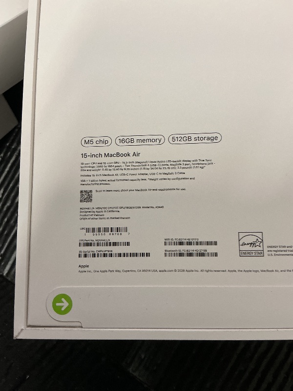 Photo 1 of FACTORY SEALED—Apple 2026 MacBook Air 15-inch Laptop with M5 chip: Built for AI, 15.3-inch Liquid Retina Display, 16GB Unified Memory, 512GB SSD, 12MP Center Stage Camera, Touch ID, Wi-Fi 7; Midnight