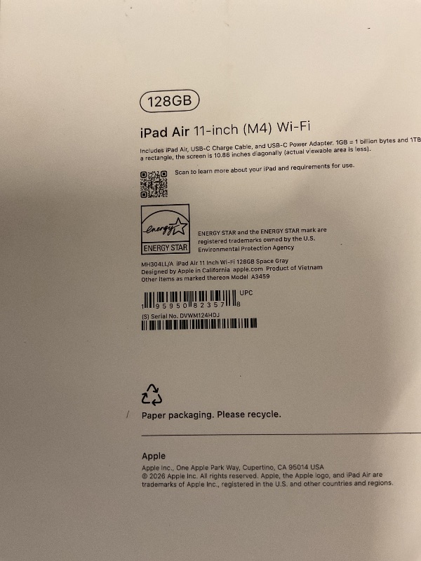 Photo 1 of FACTORY SEALED—Apple iPad Air 11-inch (M4): Liquid Retina Display, 128GB, 12MP Front/Back Camera, Wi-Fi 7 with Apple N1, Touch ID, All-Day Battery Life — Space Gray