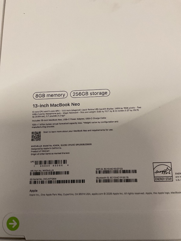 Photo 1 of FACTORY SEALED—Apple 2026 MacBook Neo 13-inch Laptop with A18 Pro chip: Built for AI and Apple Intelligence, Liquid Retina Display, 8GB Unified Memory, 256GB SSD Storage, 1080p FaceTime HD Camera; Silver