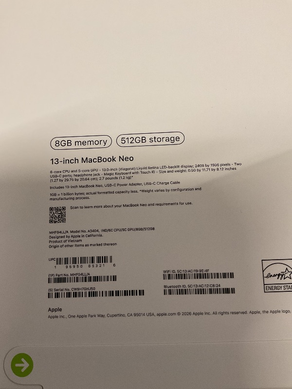 Photo 1 of FACTORY SEALED—Apple 2026 MacBook Neo 13-inch Laptop with A18 Pro chip: Built for AI and Apple Intelligence, Liquid Retina Display, 8GB Unified Memory, 512GB SSD Storage, 1080p FaceTime HD Camera, Touch ID; Indigo