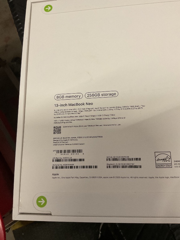 Photo 1 of FACTORY SEALED—Apple 2026 MacBook Neo 13-inch Laptop with A18 Pro chip: Built for AI and Apple Intelligence, Liquid Retina Display, 8GB Unified Memory, 256GB SSD Storage, 1080p FaceTime HD Camera; Citrus