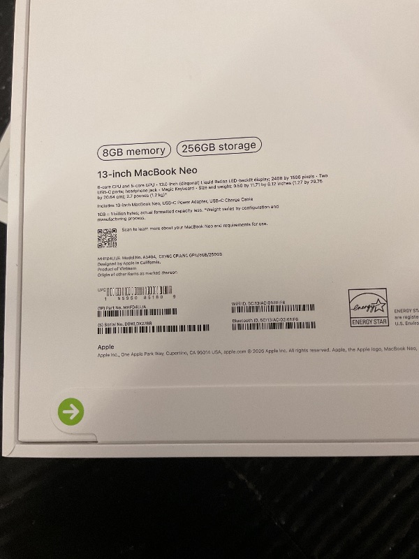 Photo 1 of FACTORY SEALED—Apple 2026 MacBook Neo 13-inch Laptop with A18 Pro chip: Built for AI and Apple Intelligence, Liquid Retina Display, 8GB Unified Memory, 256GB SSD Storage, 1080p FaceTime HD Camera; Citrus