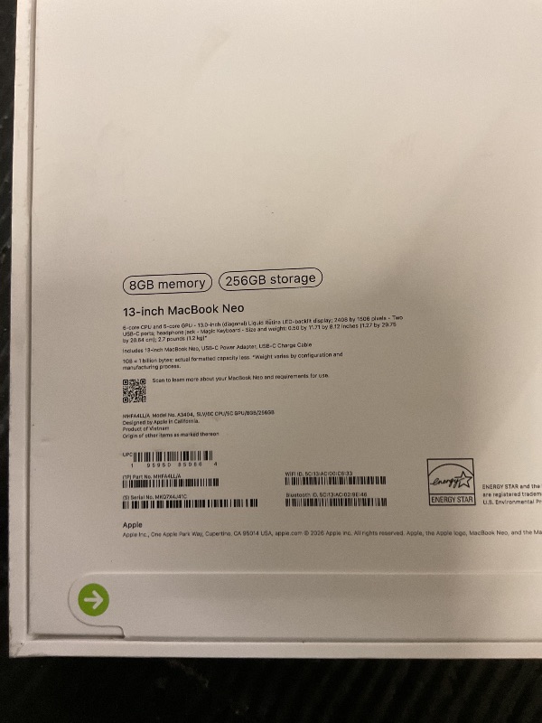 Photo 1 of FACTORY SEALED—Apple 2026 MacBook Neo 13-inch Laptop with A18 Pro chip: Built for AI and Apple Intelligence, Liquid Retina Display, 8GB Unified Memory, 256GB SSD Storage, 1080p FaceTime HD Camera; Silver