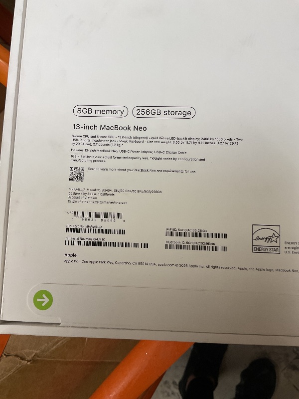 Photo 1 of FACTORY SEALED—Apple 2026 MacBook Neo 13-inch Laptop with A18 Pro chip: Built for AI and Apple Intelligence, Liquid Retina Display, 8GB Unified Memory, 256GB SSD Storage, 1080p FaceTime HD Camera; Silver