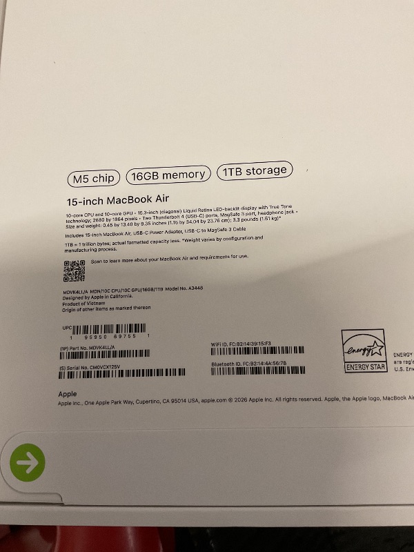 Photo 1 of FACTORY SEALED—Apple 2026 MacBook Air 15-inch Laptop with M5 chip: Built for AI, 15.3-inch Liquid Retina Display, 16GB Unified Memory, 1TB SSD, 12MP Center Stage Camera, Touch ID, Wi-Fi 7; Midnight