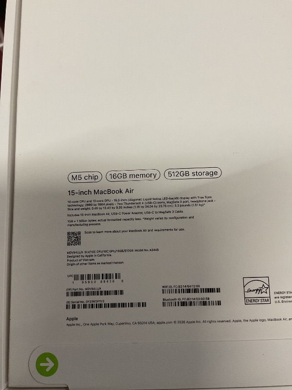 Photo 1 of FACTORY SEALED—Apple 2026 MacBook Air 15-inch Laptop with M5 chip: Built for AI, 15.3-inch Liquid Retina Display, 16GB Unified Memory, 512GB SSD, 12MP Center Stage Camera, Touch ID, Wi-Fi 7; Silver