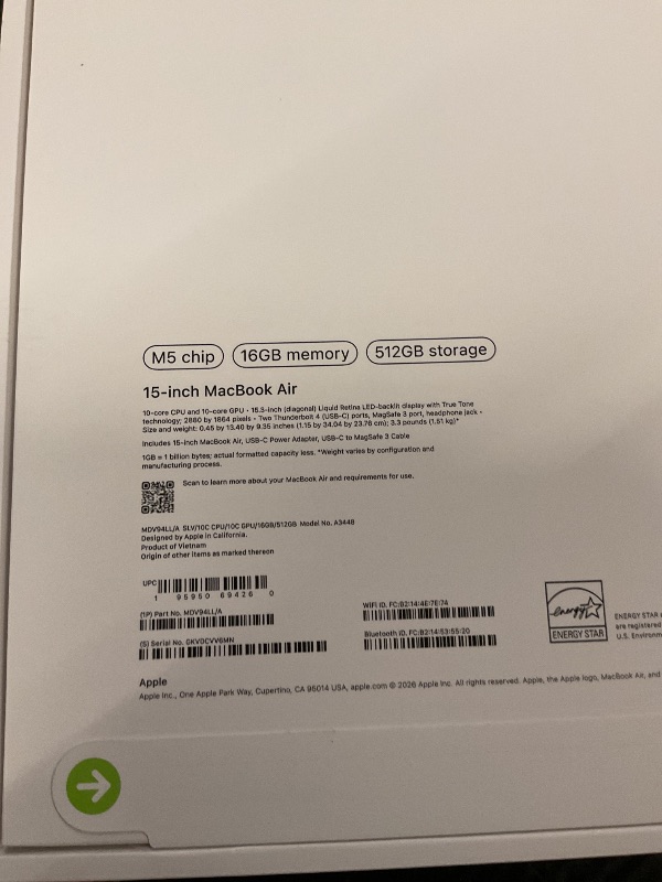Photo 1 of FACTORY SEALED—Apple 2026 MacBook Air 15-inch Laptop with M5 chip: Built for AI, 15.3-inch Liquid Retina Display, 16GB Unified Memory, 512GB SSD, 12MP Center Stage Camera, Touch ID, Wi-Fi 7; Silver