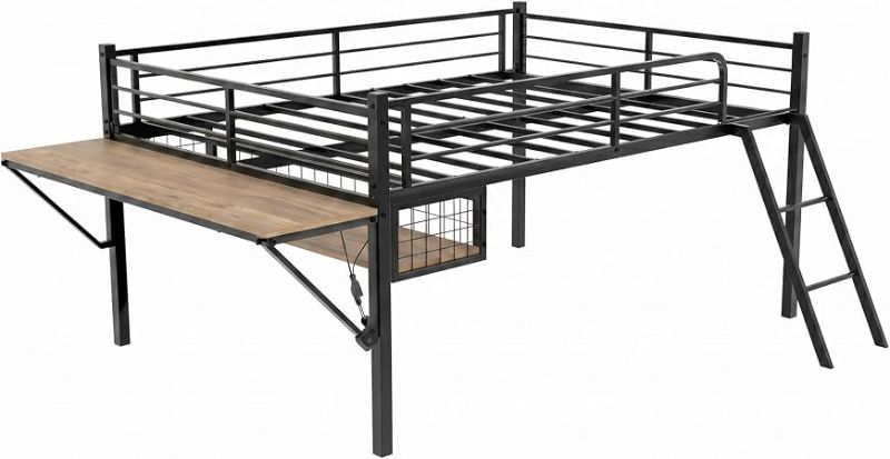 Photo 1 of ***PARTIAL SET / BOX 1 OF 2*** Full Size Metal Loft Bed with Desk & LED Light Strip, Loft Bed Frame with Guardrails & Inclined Ladder, Under-Bed Storage Space, No Box Spring Needed for Small Room Dorm Apartment, Black