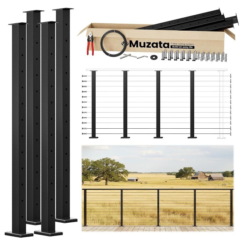 Photo 1 of [MISSING PARTS] Muzata 12-16ft Modular Cable Railing Kit for Deck Surface Mount 42in RW19 | 4 Level Post Kit with Wire Rope & Cable Railing Hardware, No Handrail, Black Cable Railing System, Length Adjustable
