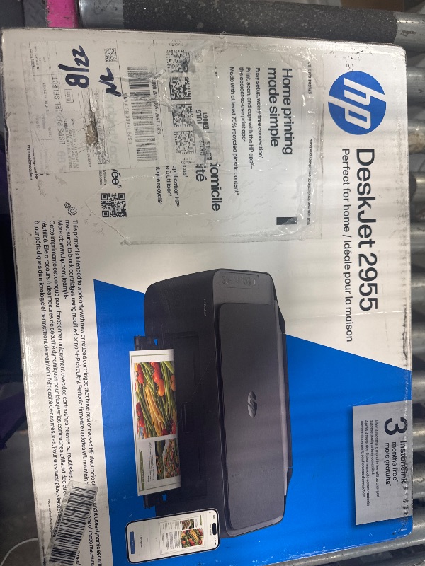 View 2 of [SOLD FOR PARTS] HP DeskJet 2955 Wireless All-in-One Color Inkjet Printer, Scanner, Copier, Best-for-Home, 3 Month Trial of Instant Ink Included, AI-Capable (A24HJA)