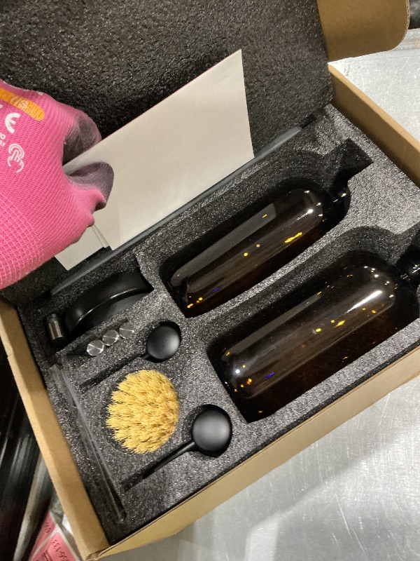 Photo 1 of [Luxury] Kitchen Soap Dispenser Set - 16OZ Amber Glass Bottle, Stainless Steel Pump, Instant Dry Tray, Waterproof Labels, Non-Slip Silicone Pad, and Dish Brush | Upgrade for Your Kitchen and Bathroom