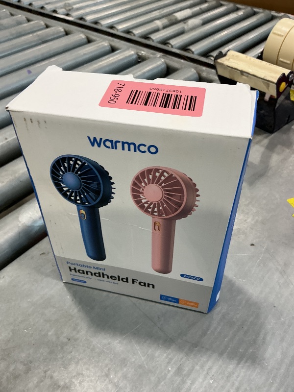 View 2 of [ONLY ONE FAN] Warmco Mini Portable Fan 2-Pack - 3 Speed Rechargeable Handheld & Desk Fan with Base, Compact Cooling for Travel, Makeup, Summer Gift (Blue & Pink)