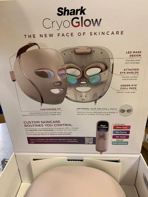 Photo 1 of Shark CryoGlow LED Face Mask with Under-Eye Cooling, Anti-Ageing & Blemish Repair, Red & Blue LED, Infrared Light Therapy, USB-C, Remote Control, Storage Bag, Adjustable Straps, Rose Glow, FW312PK