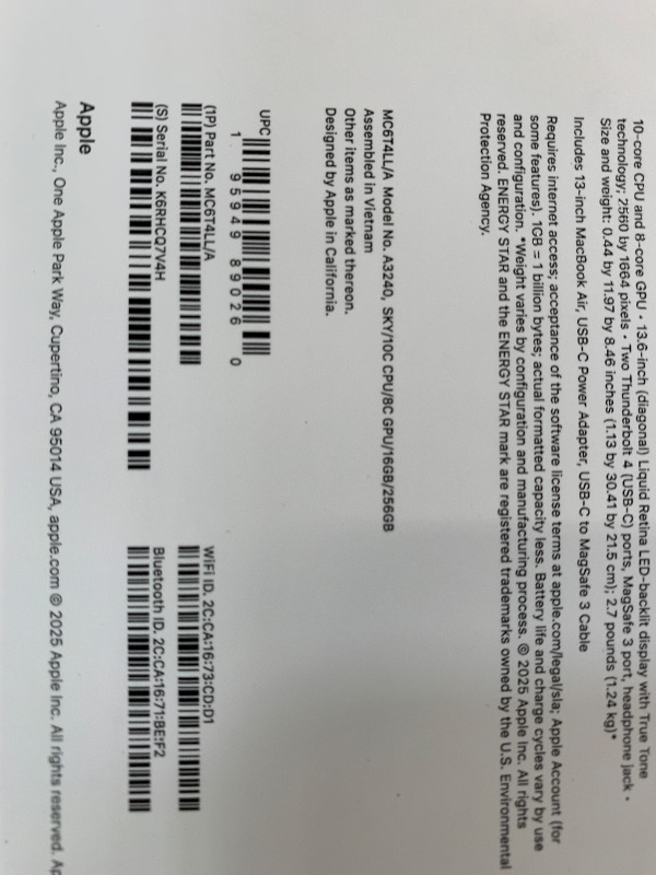 Photo 1 of Apple 2025 MacBook Air 13-inch Laptop with M4 chip: Built for Apple Intelligence, 13.6-inch Liquid Retina Display, 16GB Unified Memory, 256GB SSD Storage, 12MP Center Stage Camera, Touch ID; Sky Blue