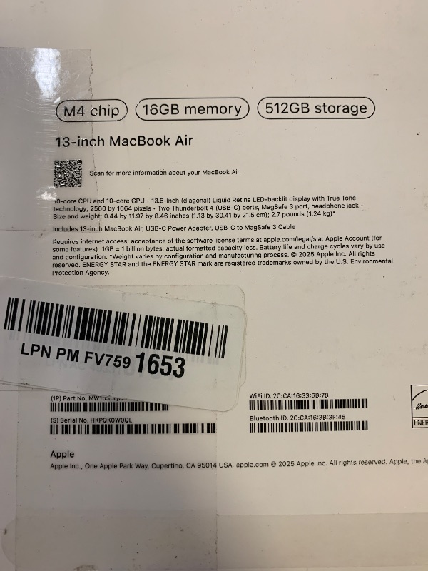Photo 1 of Apple 2025 MacBook Air 13-inch Laptop with M4 chip: Built for Apple Intelligence, 13.6-inch Liquid Retina Display, 16GB Unified Memory, 512GB SSD Storage, 12MP Center Stage Camera, Touch ID; Starlight