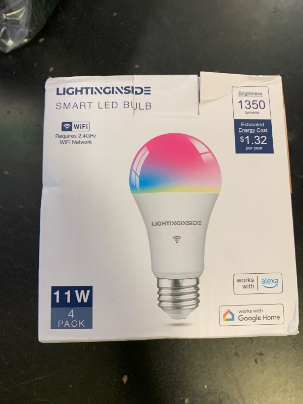 Photo 1 of Lightinginside Smart Light Bulbs 100W Equiv., 1350LM 11W Smart Bulb Works with Alexa/Google Home/SmartLife, A19 E26 RGBCW Color Changing Bulbs, No Hub Required, 2.4G WiFi & BLE Bulb, ETL Listed, 4PCS